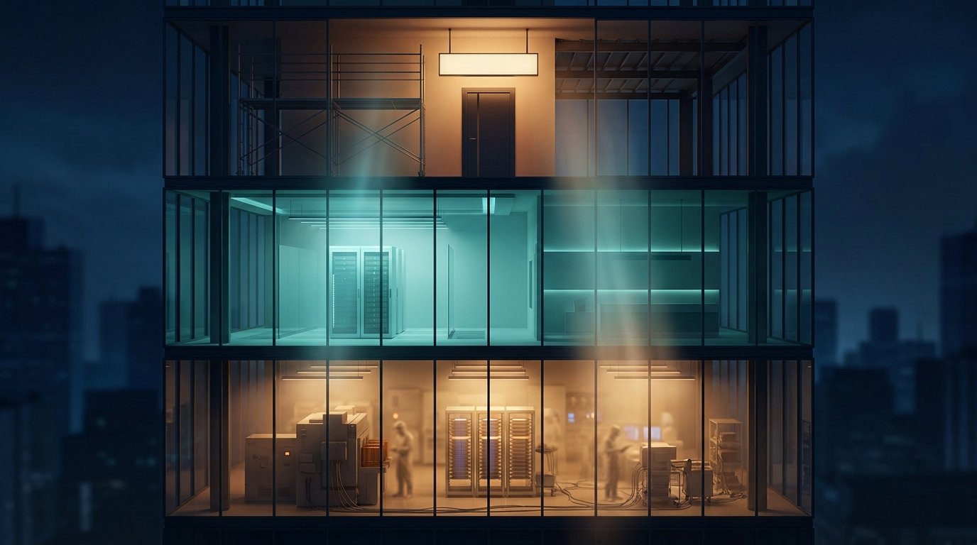 Cross-section of a three-floor tower at night: industrial chip plant on the ground floor, a single luminous server humming on the middle floor, and a top floor under construction with a blank nameplate.