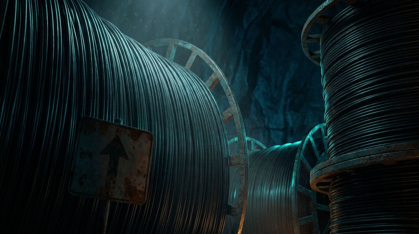 A vast underground cavern stacked with unused dark-fiber spools, dim teal light catching a weathered upward-arrow sign — the dot-com era's overbuilt infrastructure.