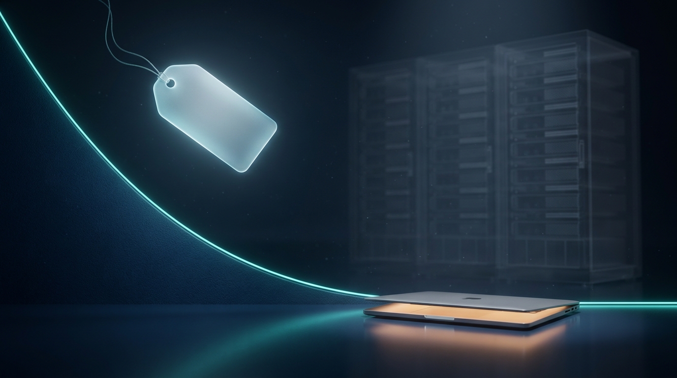 A glowing price tag falling along a steeply descending exponential curve, a small closed laptop quietly running beneath it while translucent ghosts of frontier data center racks fade behind.