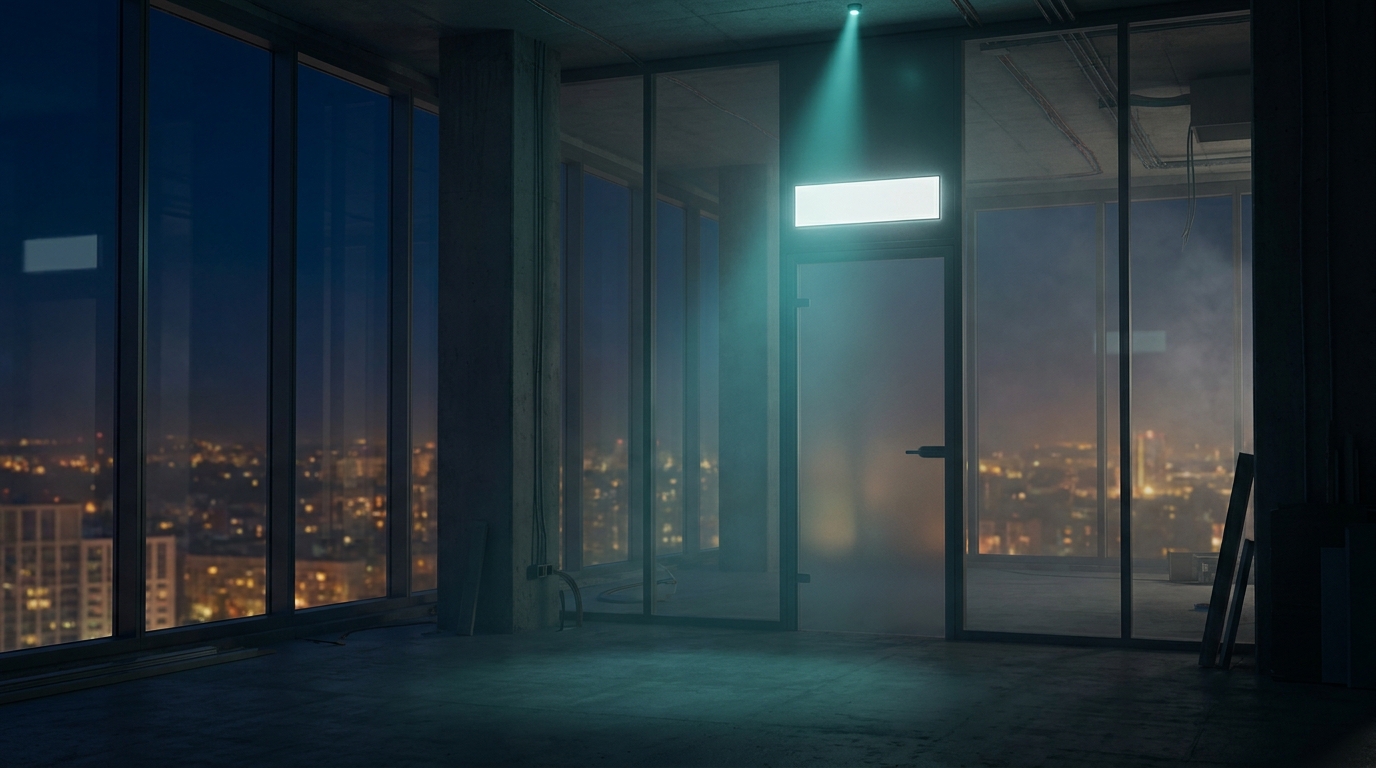 An empty corner office on the top floor of a glass tower at night, a soft beam of teal light catching a blank nameplate above a closed glass door — the most valuable AI company is one that doesn't exist yet.