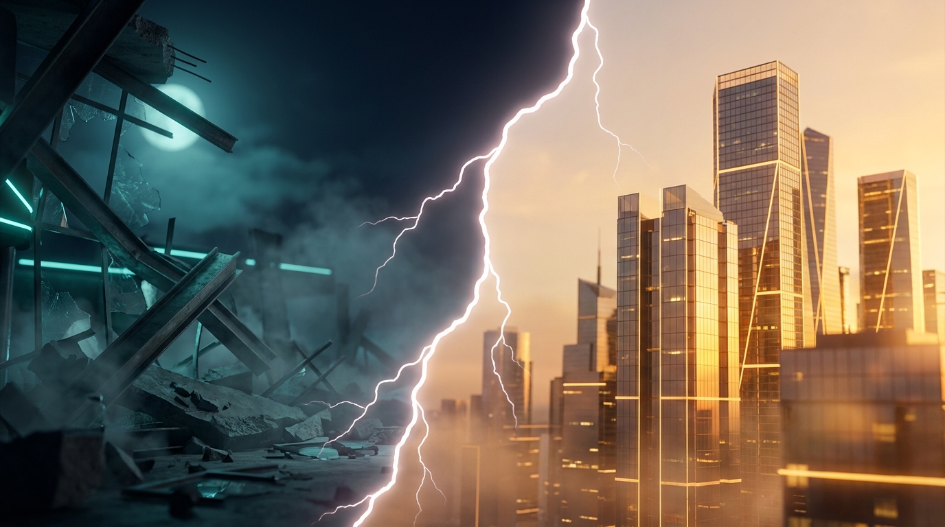 Split-frame: rubble of a collapsed exhibition hall on the left under cool teal moonlight; a luminous skyline of new glass towers on the right under warm amber dawn — a single jagged bolt of white light connecting both halves.