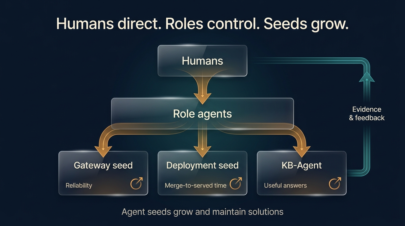 A three-layer control structure connecting humans, role agents, and service-specific agent seeds.